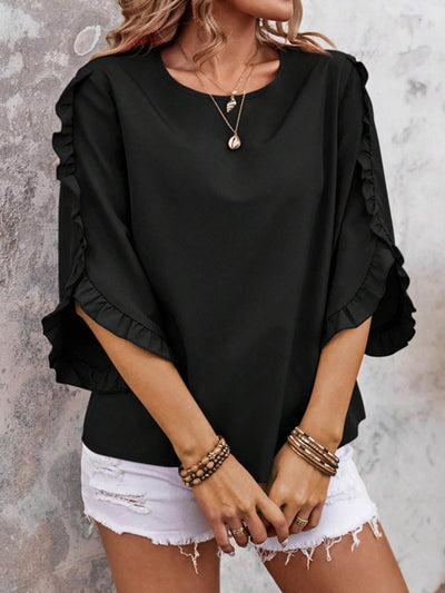 Batwing Sleeves Long Sleeves Ruffled Solid Color Split-Joint Round-Neck Blouses&Shirts Tops