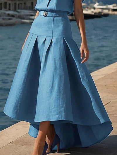 High Waisted High-Low Belted Pleated Solid Color Skirts Bottoms