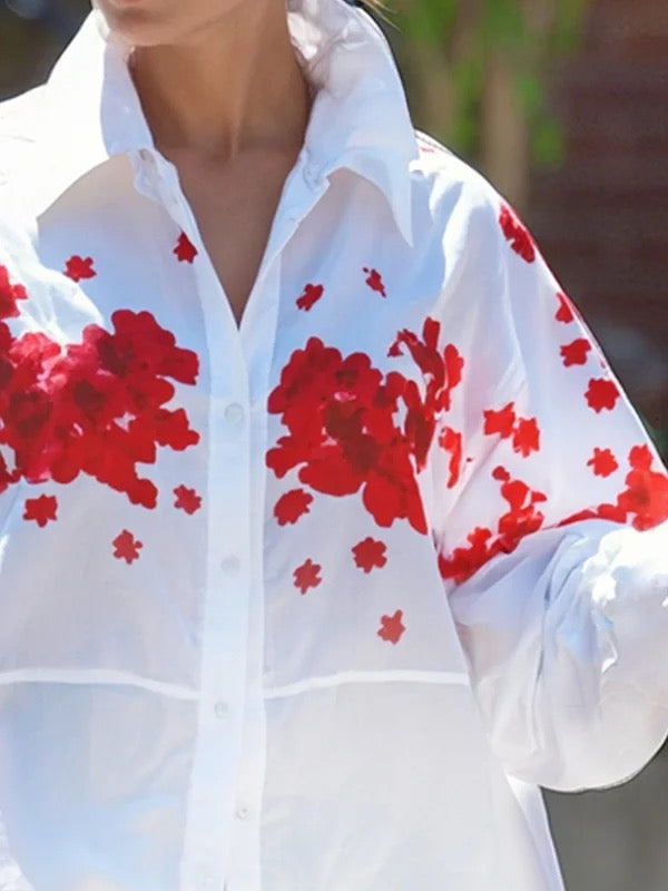 High-Low Loose Buttoned Flower Print Split-Joint Split-Side Lapel Blouses&Shirts Tops