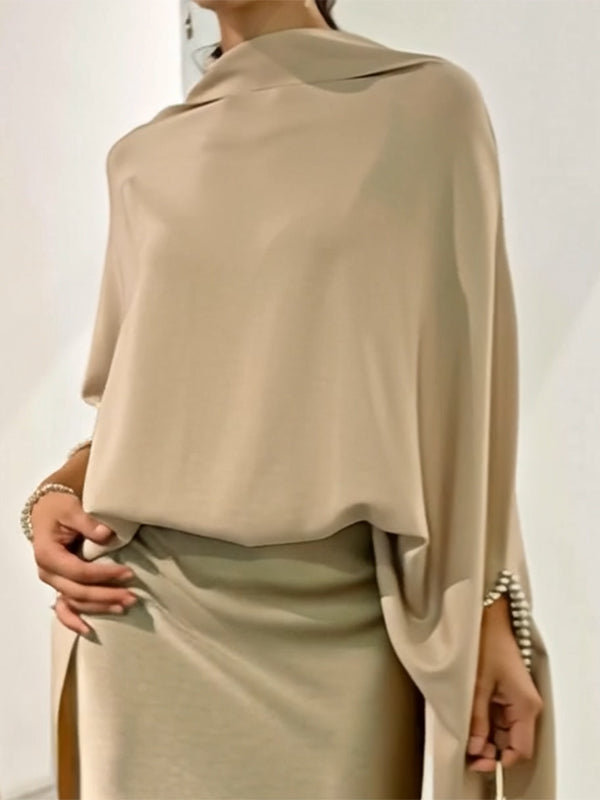 Batwing Sleeves Loose Floral Printed Split-Joint High Neck Skirt Set Two Pieces Set