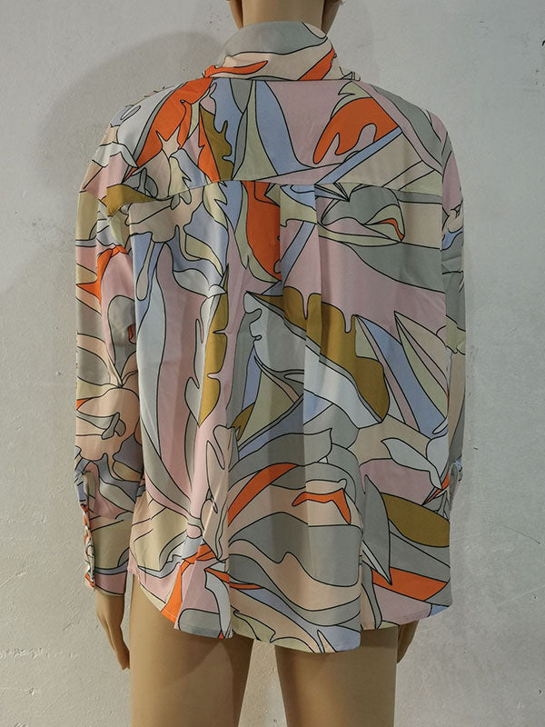Long Sleeves Loose Contrast Color Printed Lapel Blouses