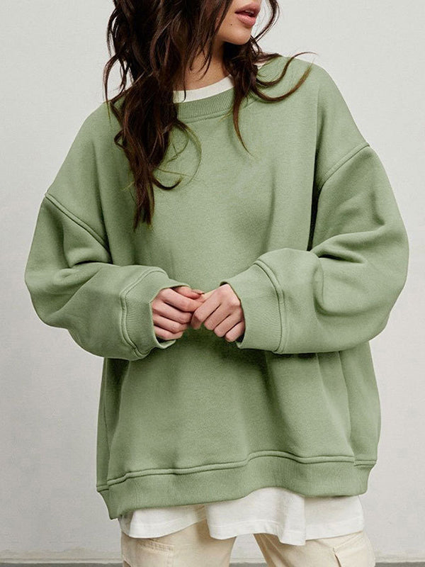Long Sleeves Loose Solid Color Round-Neck Sweatshirt Tops
