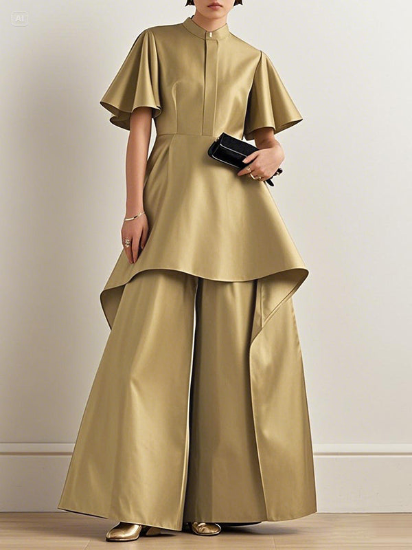 High-Low Loose Pleated Shiny Solid Color Split-Joint Mock Neck Blouses&Shirts Tops