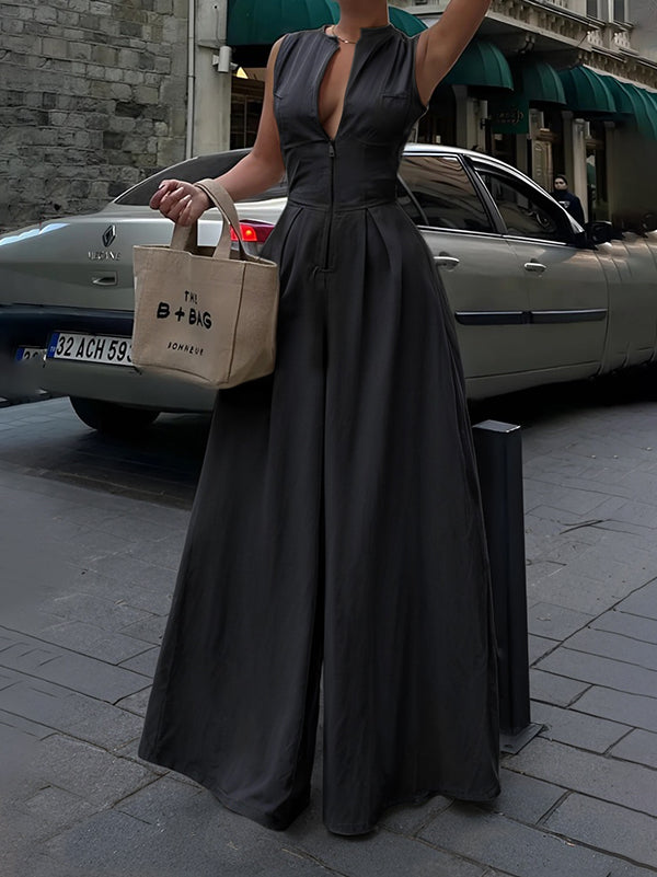 High Waisted Loose Pockets Solid Color Zipper V-Neck Jumpsuits