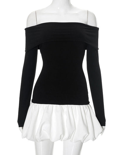 High Waisted Long Sleeves Contrast Color Pleated Split-Joint Off-The-Shoulder Mini Dresses