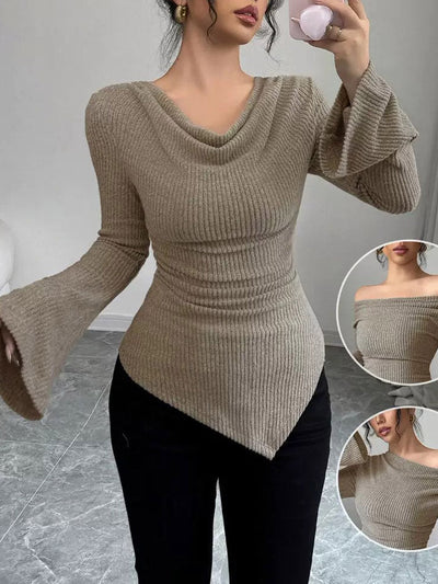 Flared Sleeves Irregularity Pleated Ribbed Knit Solid Color Heaps Collar T-Shirts Tops