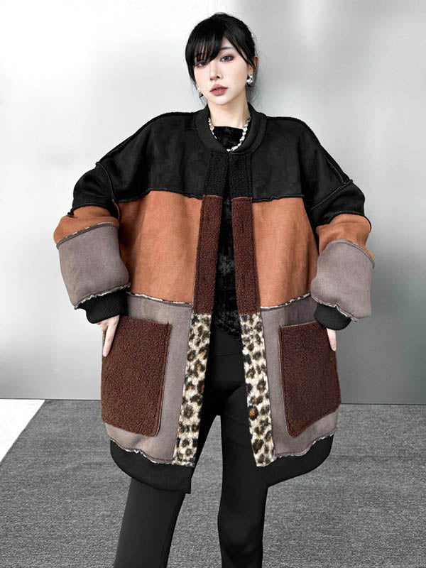 Long Sleeves Loose Buttoned Contrast Color Reversible Split-Joint Round-Neck Cardigan Tops Outerwear
