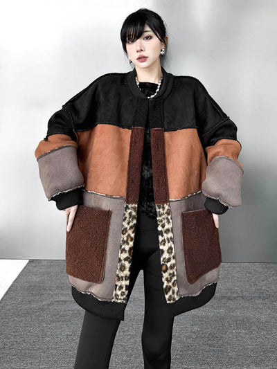 Long Sleeves Loose Buttoned Contrast Color Reversible Split-Joint Round-Neck Cardigan Tops Outerwear