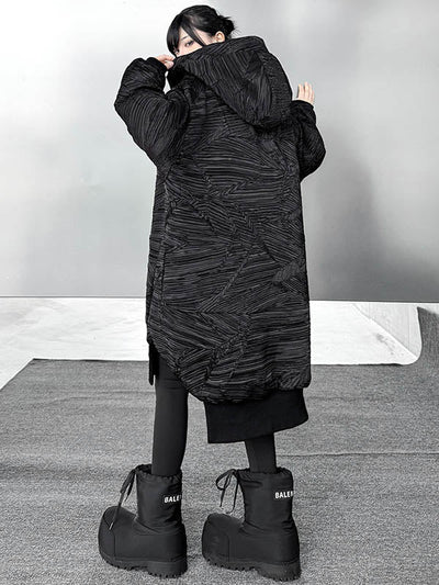 High-Low Irregularity Abstract Printed Contrast Color Split-Joint Zipper Hooded Outerwear Overcoat