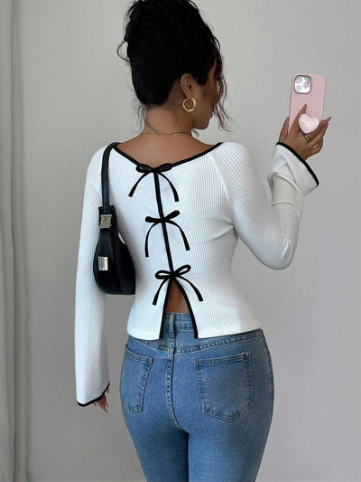 Long Sleeves Contrast Color Ribbed Knit Split-Joint Round-Neck Blouses&Shirts Tops