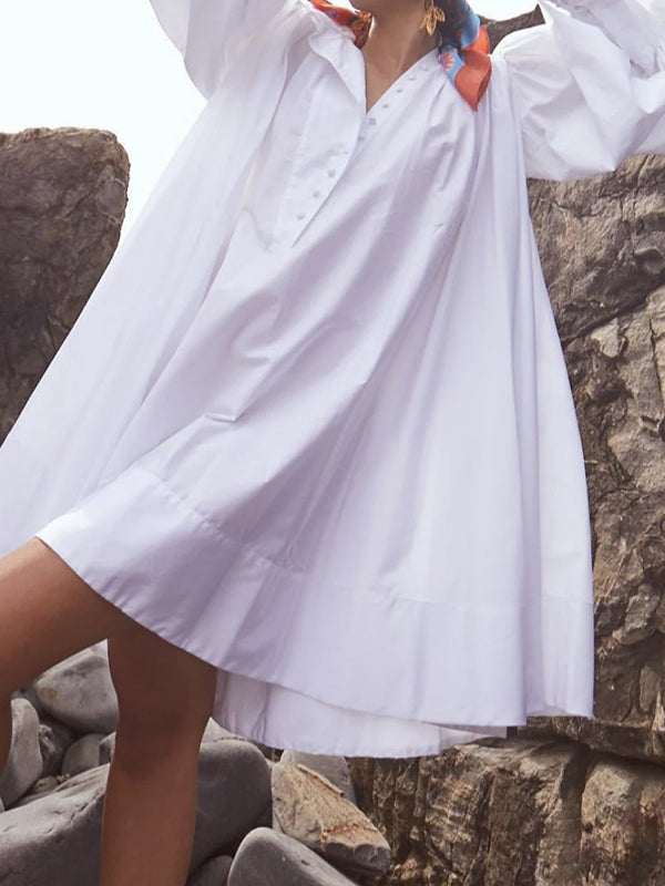 Long Sleeves Loose Buttoned Solid Color Stand Collar Mini Dresses Shirt Dress