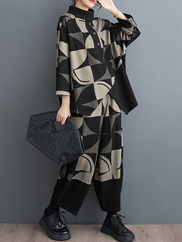 Long Sleeves Asymmetric Buttoned Printed Stand Collar Sweatshirt Top + Harem Pants Pants Bottom Two Pieces Set