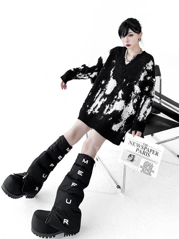 Long Sleeves Loose Abstract Printed Contrast Color Ribs Split-Joint V-Neck Sweater Tops