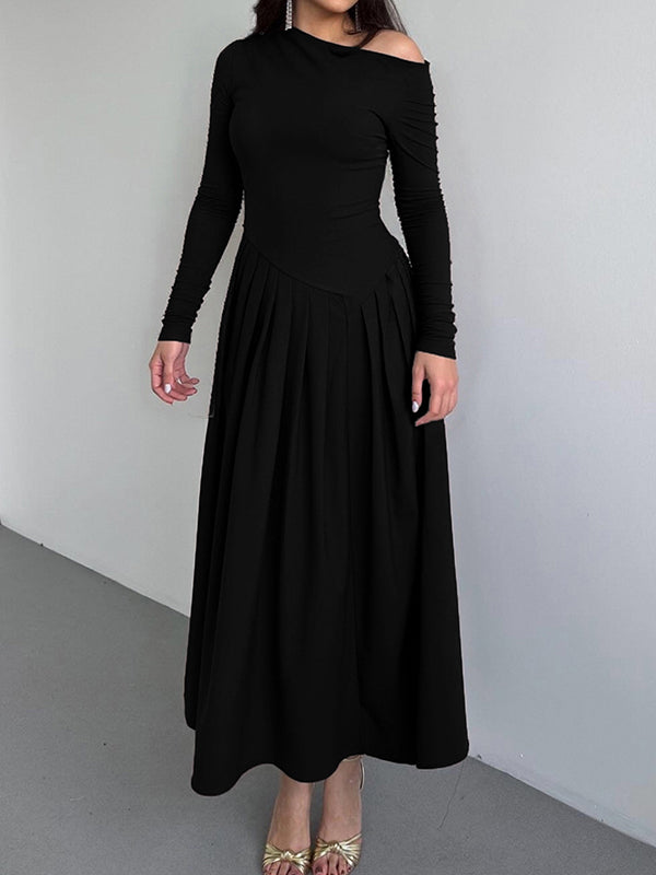 A-Line Bodycon Asymmetric Pleated Solid Color Split-Joint One-Shoulder Maxi Dresses