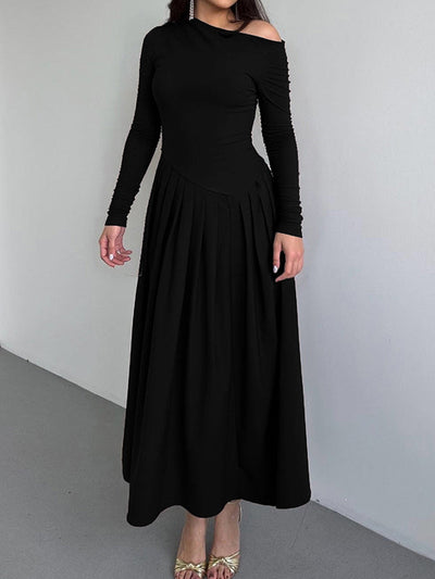 A-Line Bodycon Asymmetric Pleated Solid Color Split-Joint One-Shoulder Maxi Dresses