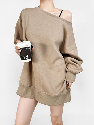 Long Sleeves Loose Solid Color Split-Joint Round-Neck Sweatshirt Tops