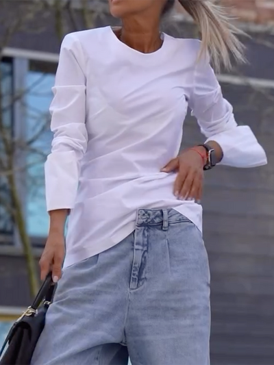 Long Sleeves Loose Solid Color Round-Neck T-Shirts Tops