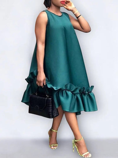 A-Line High Waisted Pleated Ruffle Trim Solid Color Round-Neck Midi Dresses
