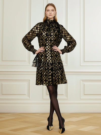 Long Sleeves Puff Sleeves Pleated Polka Dot Shiny Split-Joint High Neck Mini Dresses