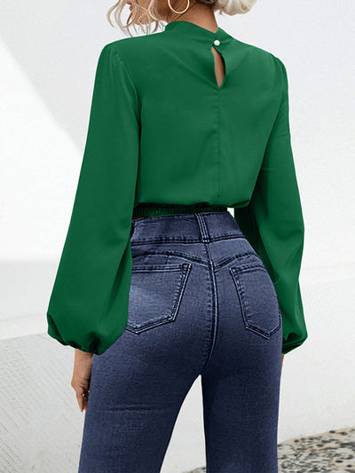 Long Sleeves Puff Sleeves Elasticity Hollow Knot Pleated Ruffled Mock Neck Blouses&Shirts Tops