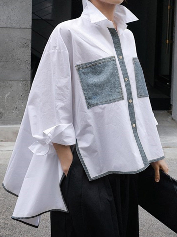 A-Line High-Low Buttoned Contrast Color Pockets Split-Side Stand Collar Blouses&Shirts Tops