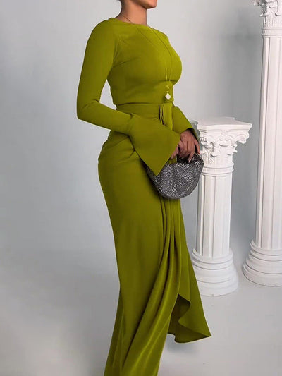 Bodycon Irregularity Solid Color Split-Front Round-Neck Maxi Dresses