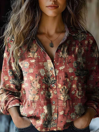 Long Sleeves Loose Buttoned Contrast Color Printed Split-Joint Lapel Blouses&Shirts Tops