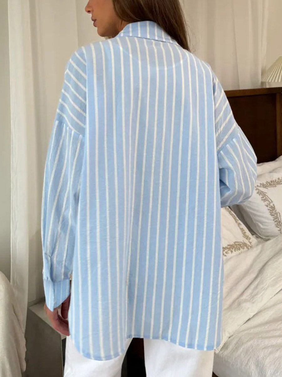 Long Sleeves Loose Buttoned Contrast Color Split-Joint Striped Lapel Blouses&Shirts Tops