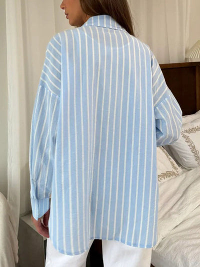 Long Sleeves Loose Buttoned Contrast Color Split-Joint Striped Lapel Blouses&Shirts Tops