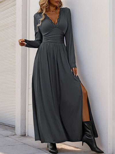 A-Line High Waisted Pleated Solid Color Split-Side V-Neck Maxi Dresses