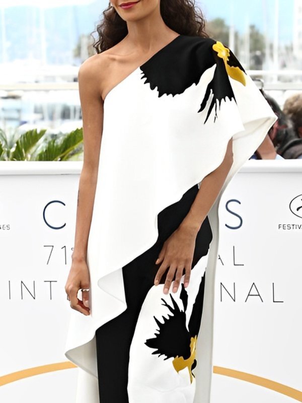 Loose Sleeveless Asymmetric Flower Print One-Shoulder Blouses&Shirts Tops