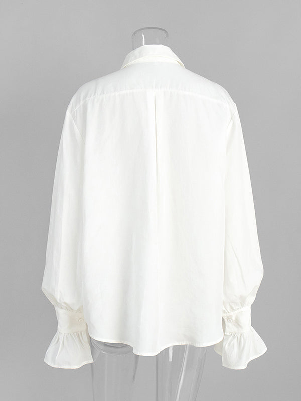 Loose Puff Sleeves Pleated Solid Color Split-Joint Lapel Blouses&Shirts Tops