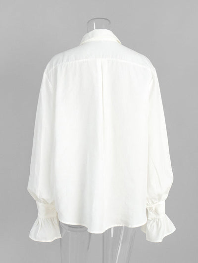 Loose Puff Sleeves Pleated Solid Color Split-Joint Lapel Blouses&Shirts Tops