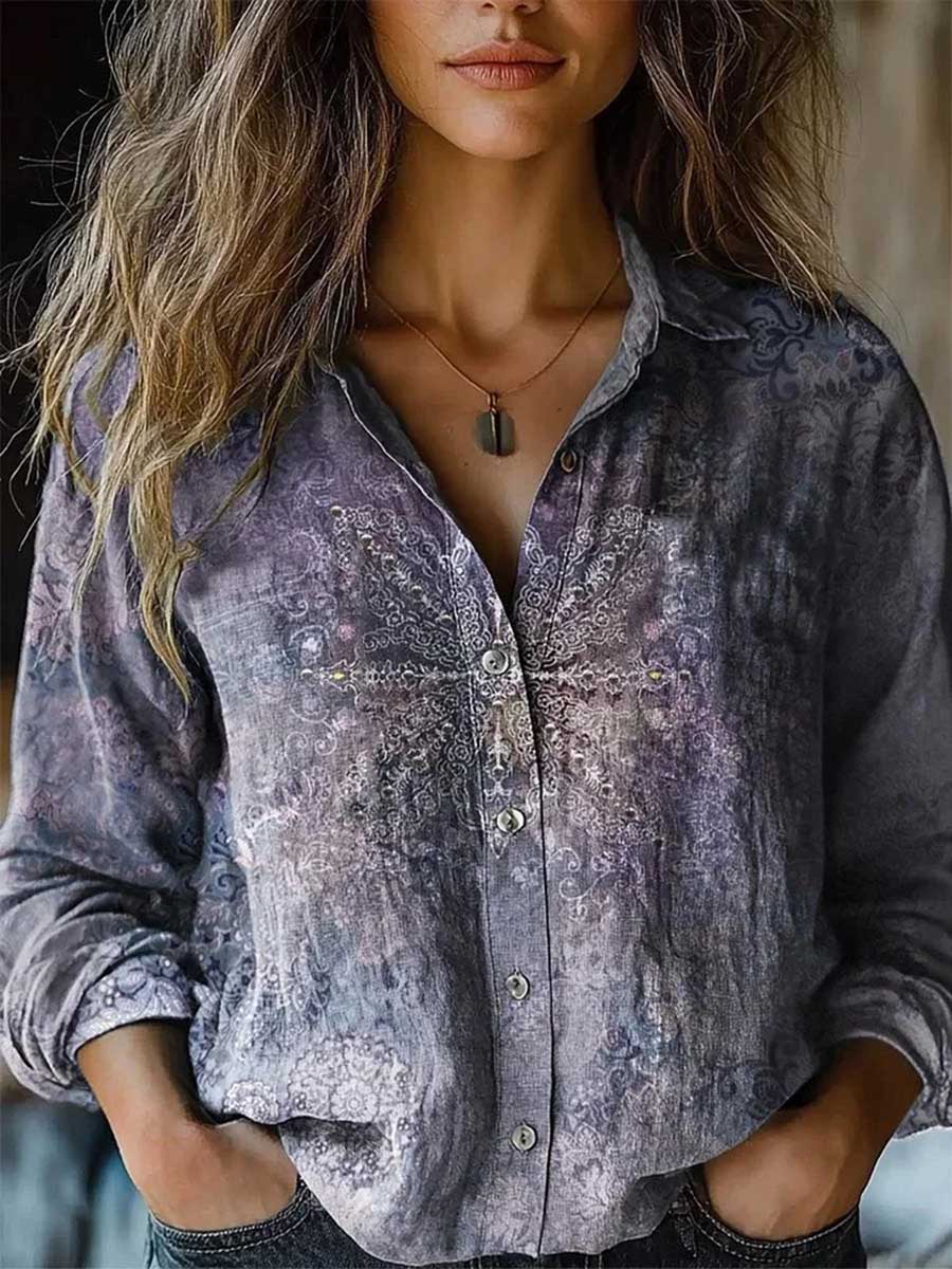 Long Sleeves Loose Buttoned Contrast Color Printed Split-Joint Lapel Blouses&Shirts Tops