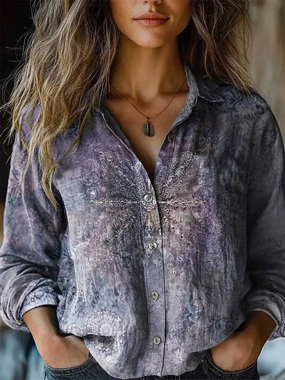 Long Sleeves Loose Buttoned Contrast Color Printed Split-Joint Lapel Blouses&Shirts Tops
