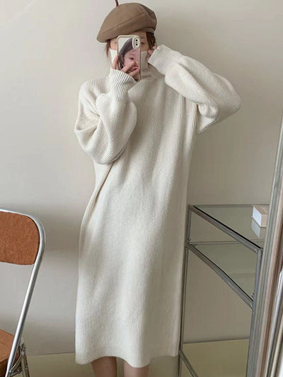 Long Sleeves Loose Solid Color High Neck Midi Dresses Sweater Dresses
