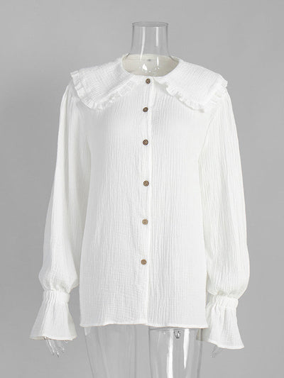 Long Sleeves Ruffled See-Through Split-Joint Peter Pan Collar Blouses&Shirts Tops