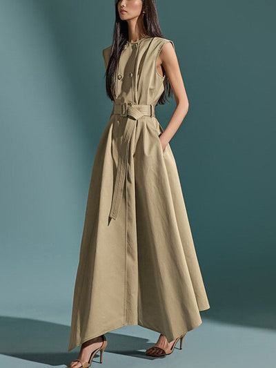 A-Line High Waisted Belted Buttoned Pockets Solid Color Round-Neck Maxi Dresses