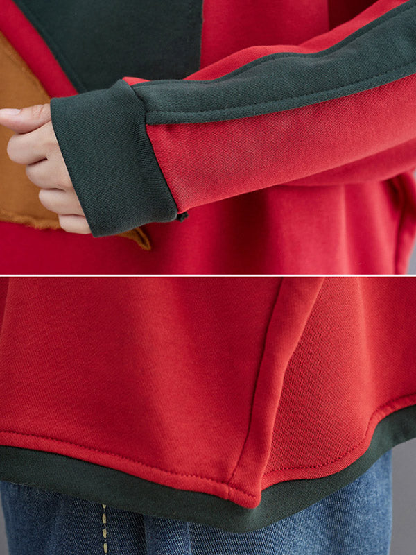 Artistic Retro Loose Triangle Applique Contrast Color Round-Neck Long Raglan Sleeves Sweatshirt