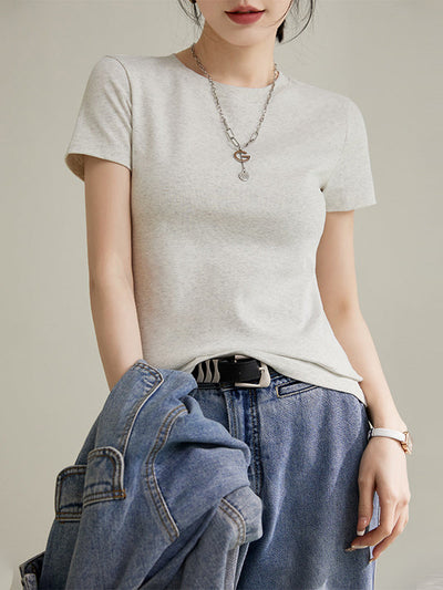 Short Sleeves Skinny Solid Color Round-neck T-Shirts Tops