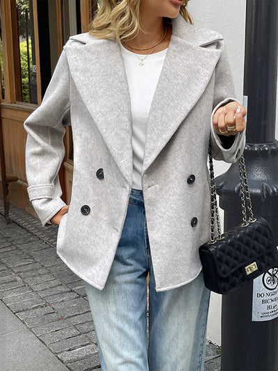 Long Sleeves Loose Buttoned Double-Breasted Solid Color Lapel Blazer Outerwear