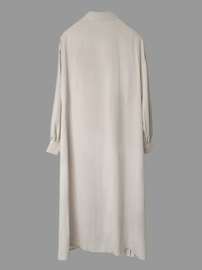 High-Low Long Sleeves Buttoned Drawstring Pleated Pockets Solid Color Lapel Midi Dresses