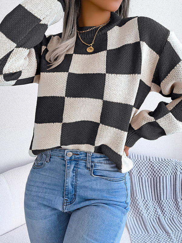 Long Sleeves Loose Contrast Color Plaid Round-Neck Sweater Tops