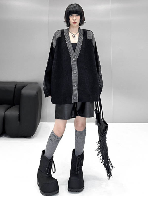 Long Sleeves Loose Buttoned Contrast Color Reversible Split-Joint Collarless Cardigan Tops Outerwear