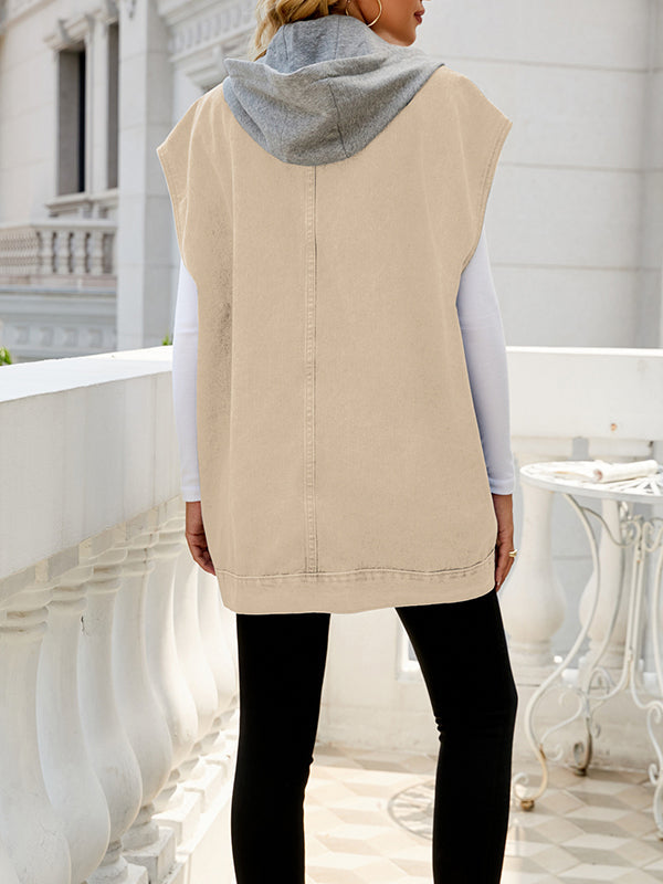 Loose Sleeveless Buttoned Detachable Hooded Pockets Split-Joint Lapel Collar Vest Outerwear