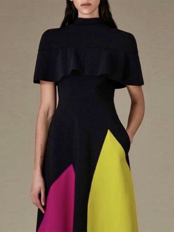 Loose Short Sleeves Contrast Color Stand Collar Maxi Dresses