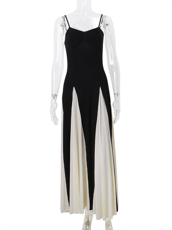 High Waisted Sleeveless Backless Contrast Color Pleated Split-Joint Spaghetti-Neck Maxi Dresses
