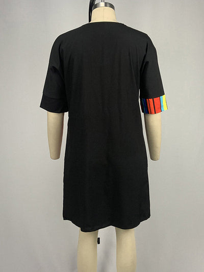 A-Line Half Sleeves Asymmetric Contrast Color Striped Round-Neck Mini Dresses