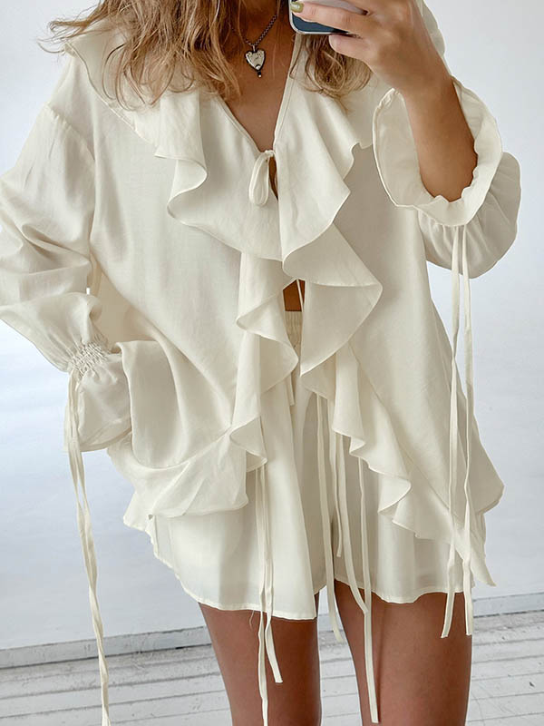 Long Sleeves Loose Ruffle Trim Solid Color Tied V-Neck Blouses&Shirts Tops + Elasticity Shorts Bottom Two Pieces Set
