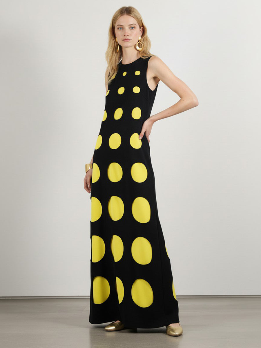 Loose Sleeveless Contrast Color Polka-Dot Split-Joint Round-Neck Maxi Dresses